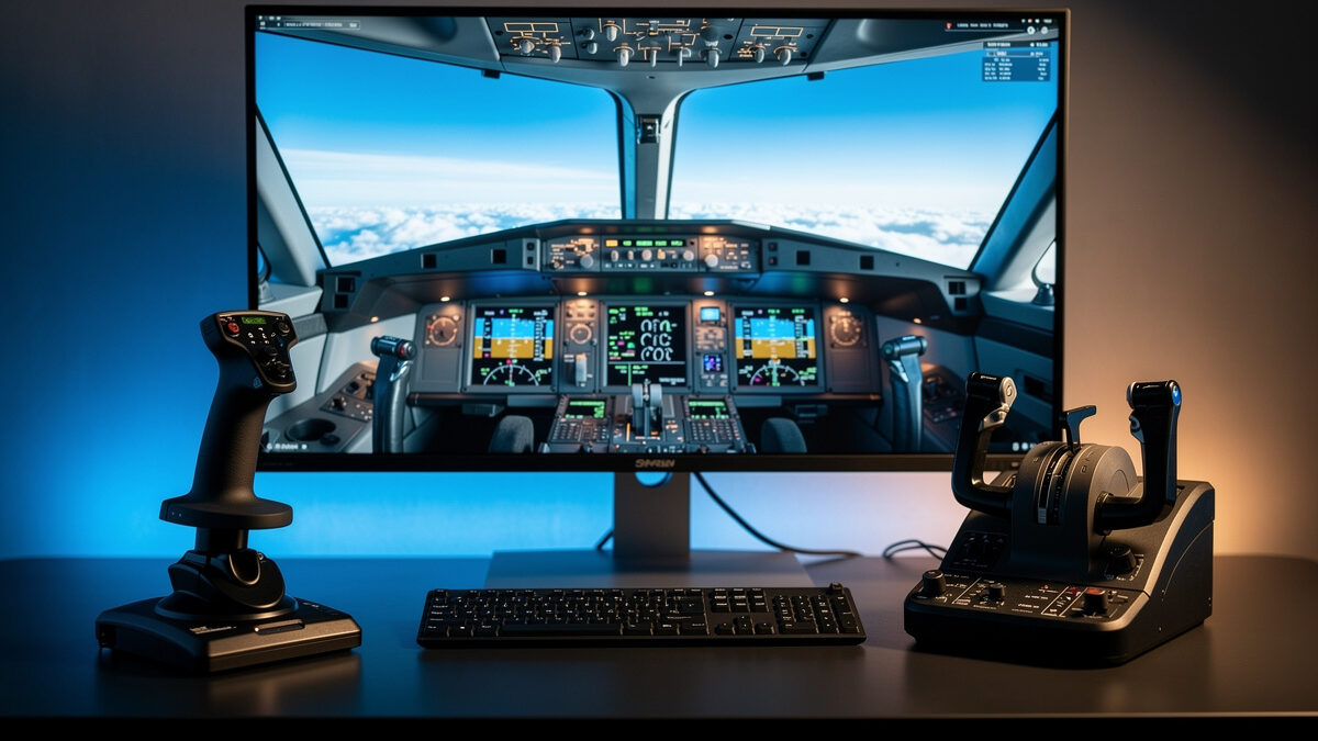 An Airbus-style sidestick beside a glass cockpit display showing the small precise input fly-by-wire asks for