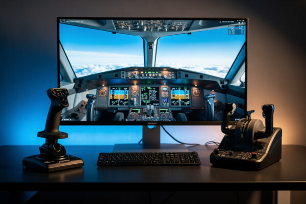 An Airbus-style sidestick beside a glass cockpit display showing the small precise input fly-by-wire asks for