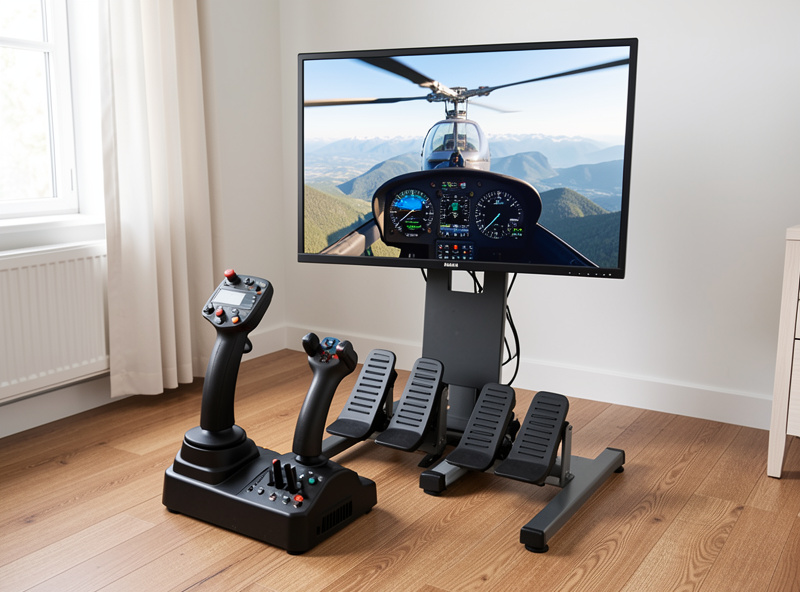 A flight sim stick set up as a helicopter cyclic next to rudder pedals, with a monitor showing a helicopter cockpit