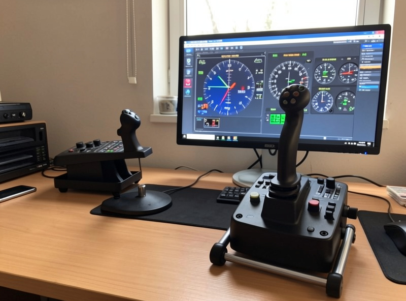 A throttle quadrant lever being used as a helicopter collective in a home flight sim, next to a stick and pedals
