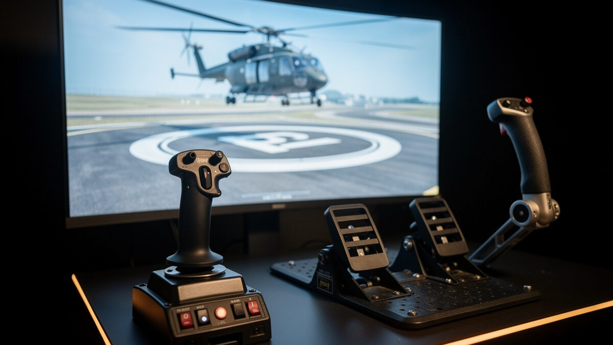 A flight sim stick and rudder pedals set up for helicopter flying, with the collective axis still to be solved