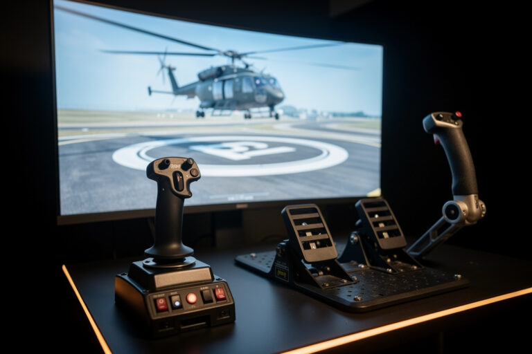 A flight sim stick and rudder pedals set up for helicopter flying, with the collective axis still to be solved