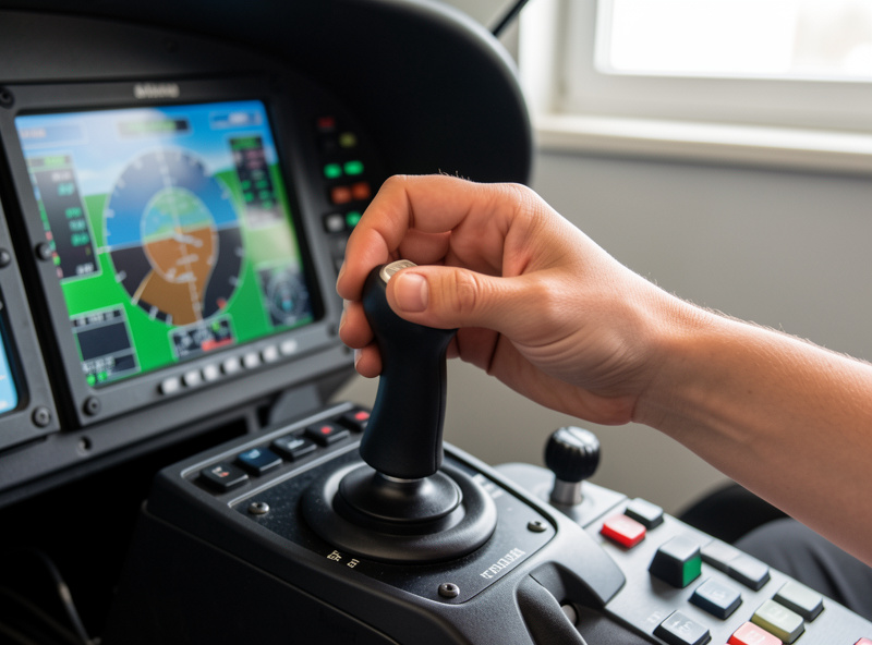 A hand making a small precise input on a flight sim stick with a calm centre after curve tuning