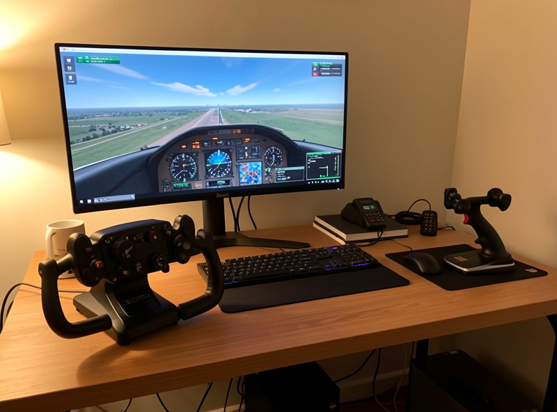 A flight sim setup with a yoke and a stick, both tuned and ready, in front of a cockpit view on a monitor