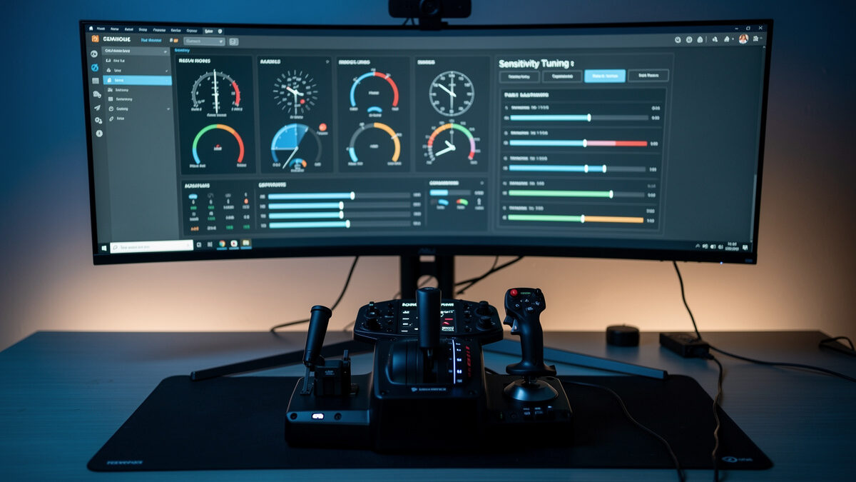 A flight sim controller sensitivity screen showing deadzone and response curve settings being tuned