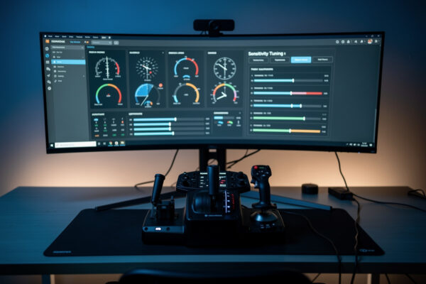A flight sim controller sensitivity screen showing deadzone and response curve settings being tuned