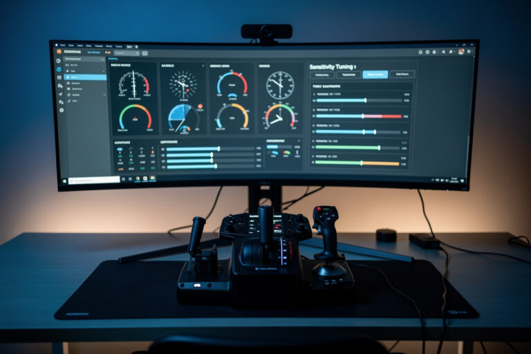A flight sim controller sensitivity screen showing deadzone and response curve settings being tuned