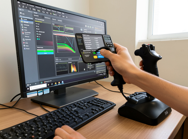 A hand adjusting flight sim controller settings on screen after switching from a yoke to a stick