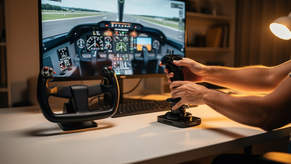 A flight sim yoke and stick side by side representing the controller switch and what carries over between them
