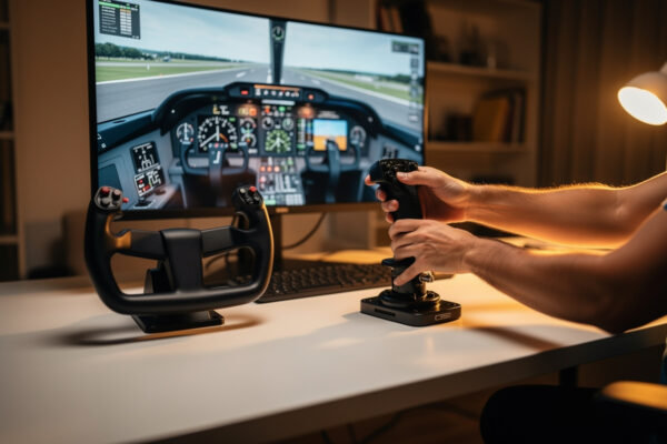 A flight sim yoke and stick side by side representing the controller switch and what carries over between them
