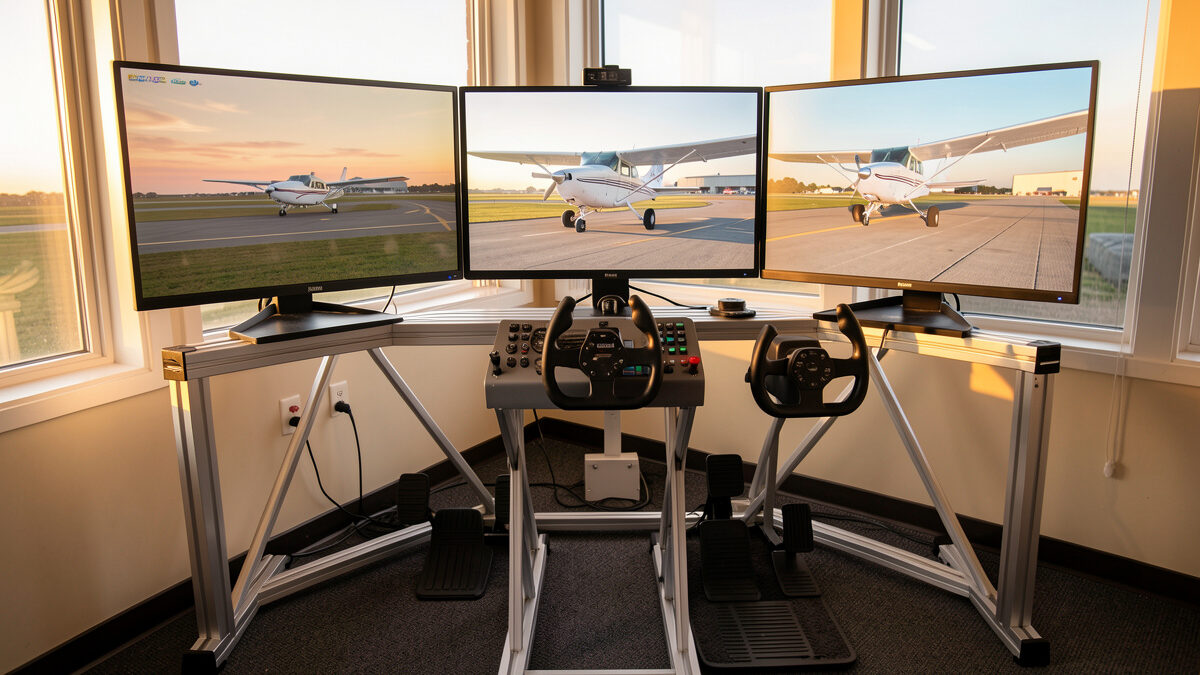 Home flight simulator cockpit deck with yoke, throttle and rudder pedals facing triple monitors at dawn