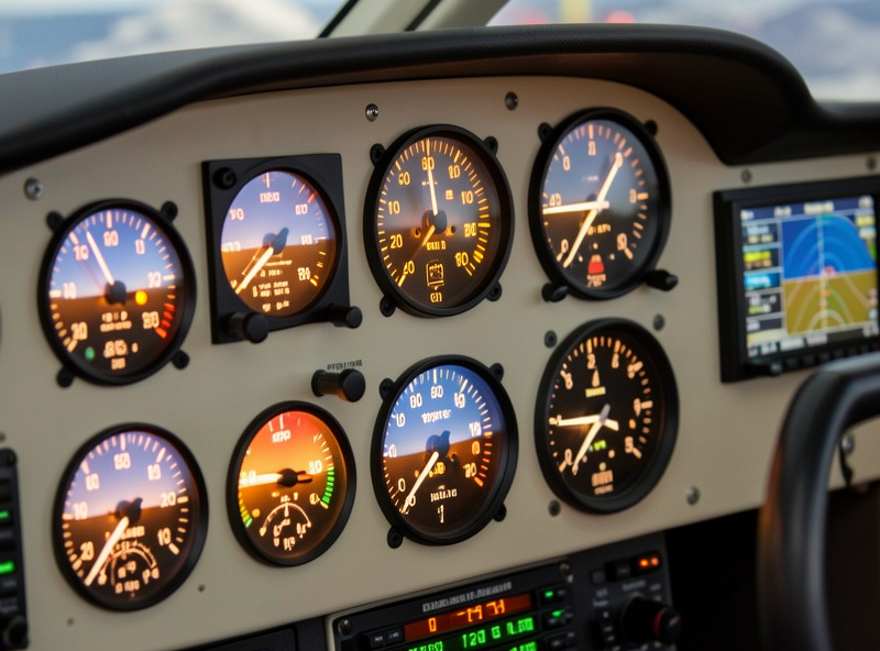 Cessna 172 analog instrument panel in a flight simulator showing six-pack steam gauges