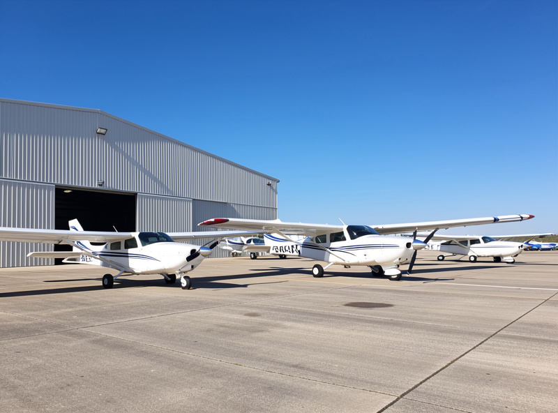 Flight simulator hangar view with several general aviation aircraft parked, daytime