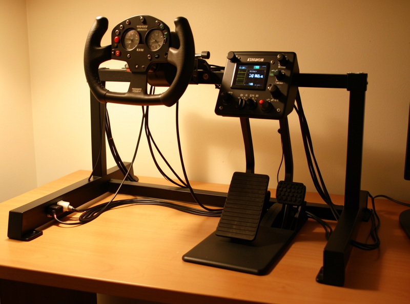 Home flight sim deck with yoke, throttle quadrant and rudder pedals mounted on an aluminum profile frame