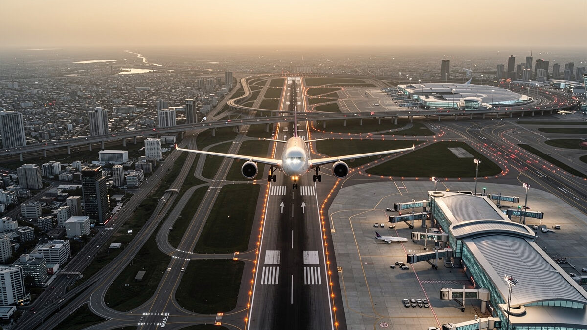 Detailed virtual airport with airliner on final approach at golden hour in MSFS 2024