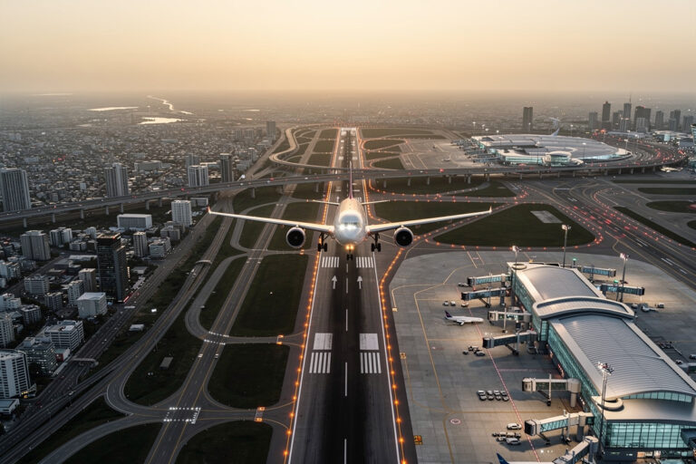 Detailed virtual airport with airliner on final approach at golden hour in MSFS 2024
