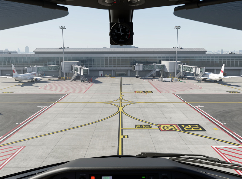 Detailed flight sim airport terminal with animated jetways and custom ground markings on approach