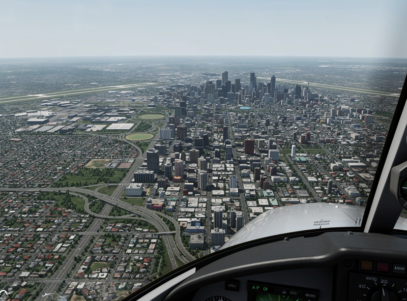 Photogrammetry city scenery rendered below a flight sim aircraft on visual approach