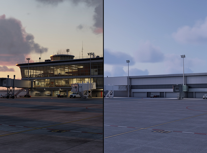 Comparison of handcrafted and default flight sim airport terminals viewed from the cockpit at dusk
