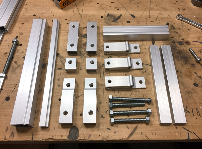 Aluminum profile extrusion cut to length with gusset brackets, t-nuts and bolts laid out on a workbench