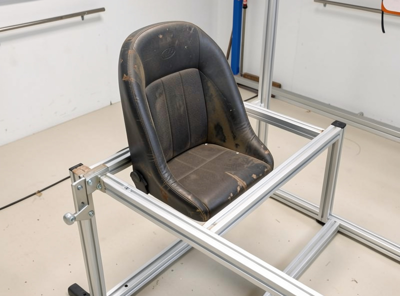 A salvaged car bucket seat mounted to an aluminum profile flight sim rig with a seat bracket