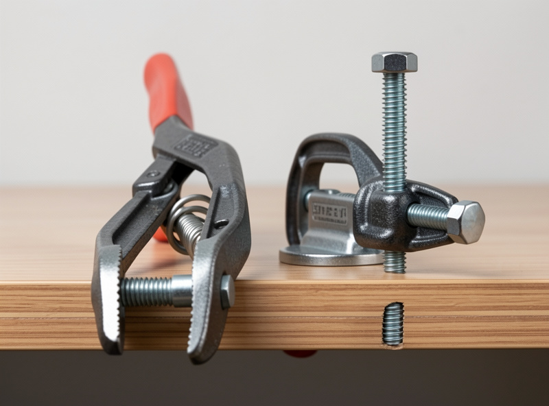 A spring clamp and a wide-jaw screw clamp mount compared side by side on a desk edge