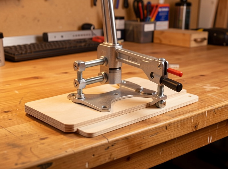 A plywood backing plate under a desk mount clamp spreading the load on a desk top