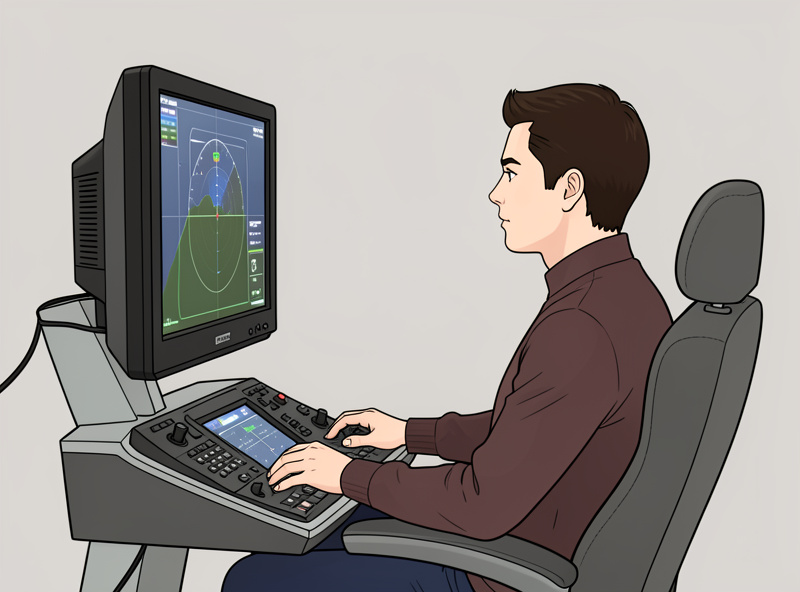Side profile of a seated flight simmer with the monitor positioned so forward gaze meets the screen centre