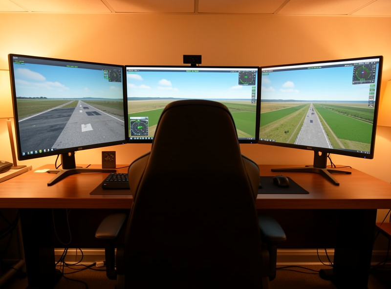Triple monitor flight sim setup with side screens angled inward at matched height