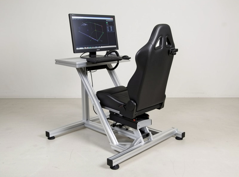 Flight sim cockpit seat and monitor upright on an aluminum profile rig showing a fixed eyeline