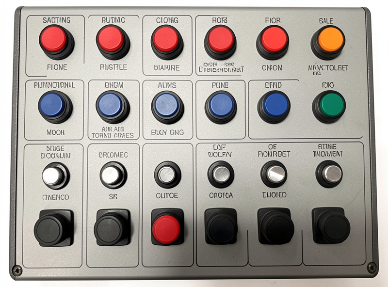 Flight sim button box panel with switches grouped by system and clear engraved labels