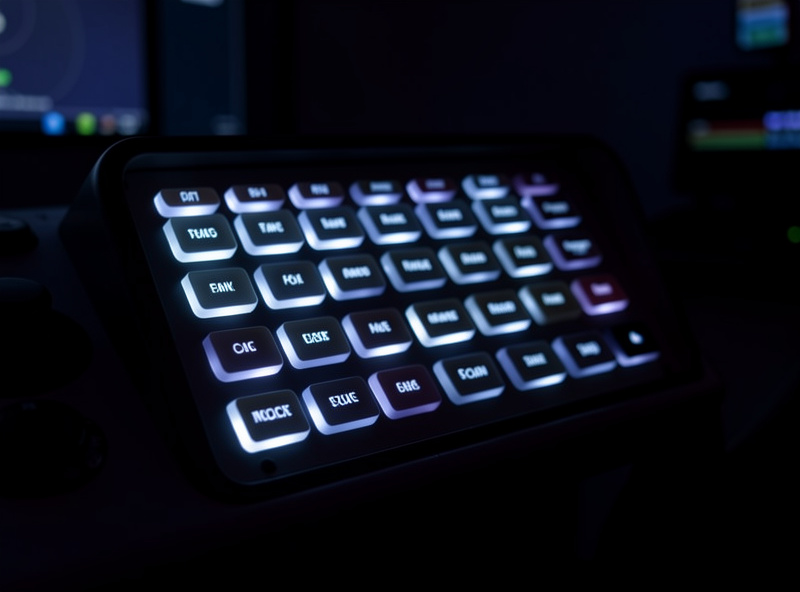 Backlit flight sim button box panel glowing in a dim sim room with legible white labels