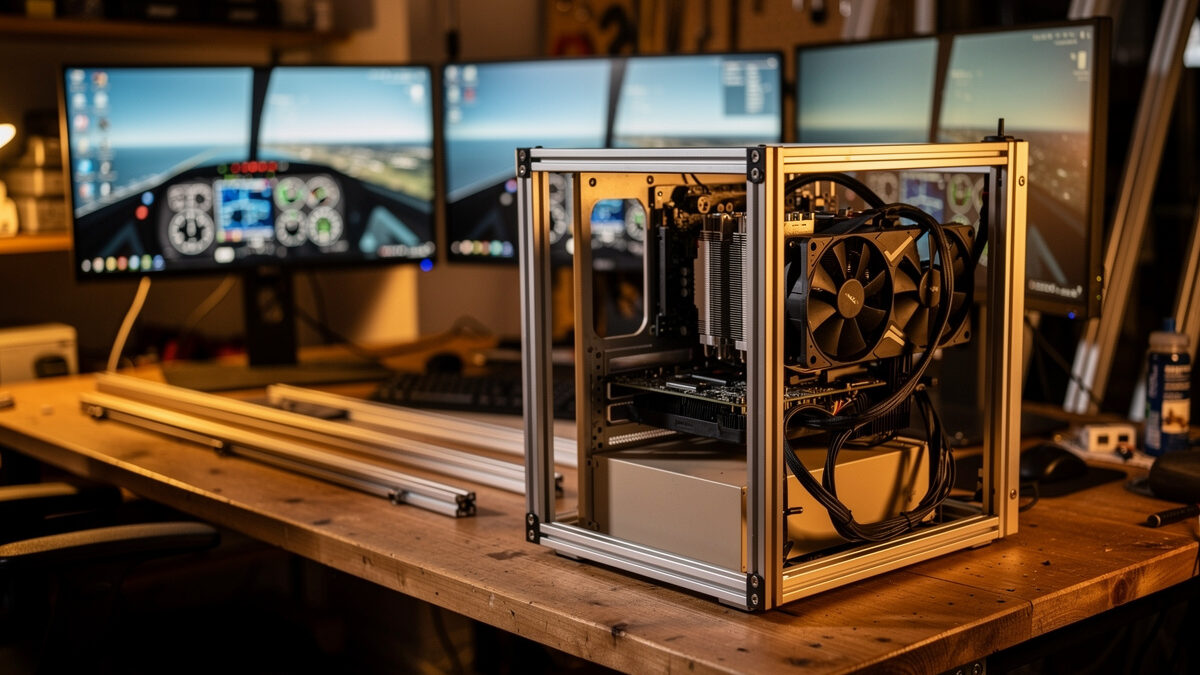 Flight sim PC build beside an aluminum-profile cockpit frame with triple monitors