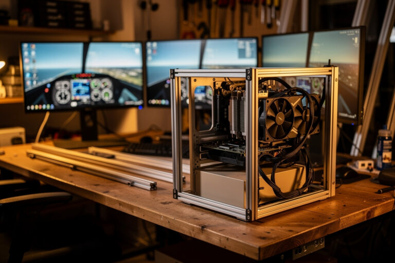 Flight sim PC build beside an aluminum-profile cockpit frame with triple monitors