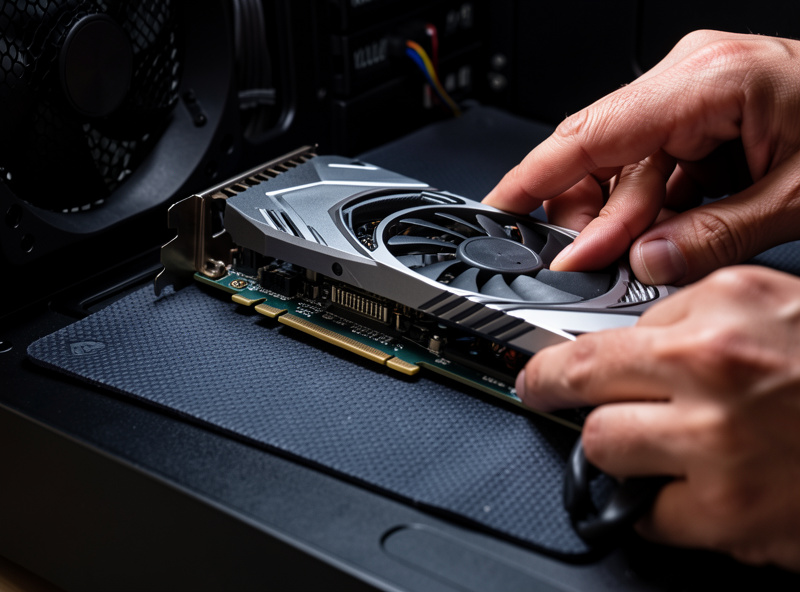 Graphics card being seated into a motherboard PCIe slot during a flight sim PC build