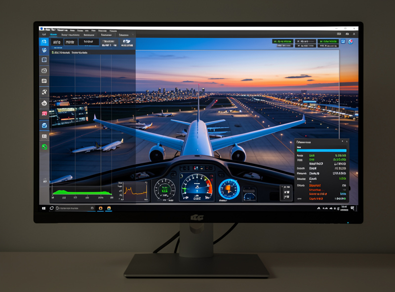 Monitor showing an MSFS frame-time graph overlay during an airliner approach to a city airport