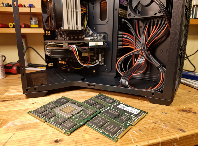 RAM modules and a CPU laid out beside an open flight sim PC build with tidy cable management