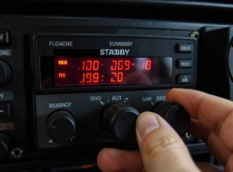 Dedicated flight sim radio panel showing active and standby frequency displays with dual rotary knobs