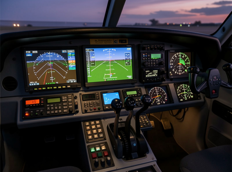 Flight sim cockpit setup with radio panel mounted below the throttle quadrant during an IFR approach