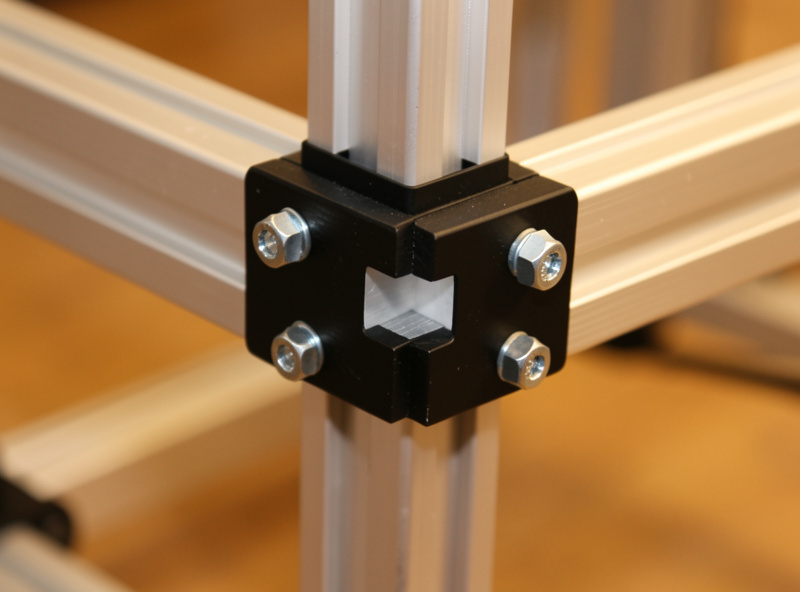 Aluminium profile t-slot joint with a gusset corner bracket and hex bolts on a flight sim rig frame