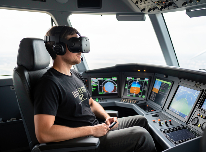 A simmer sitting calmly in a VR headset at a home flight deck during a short adaptation session