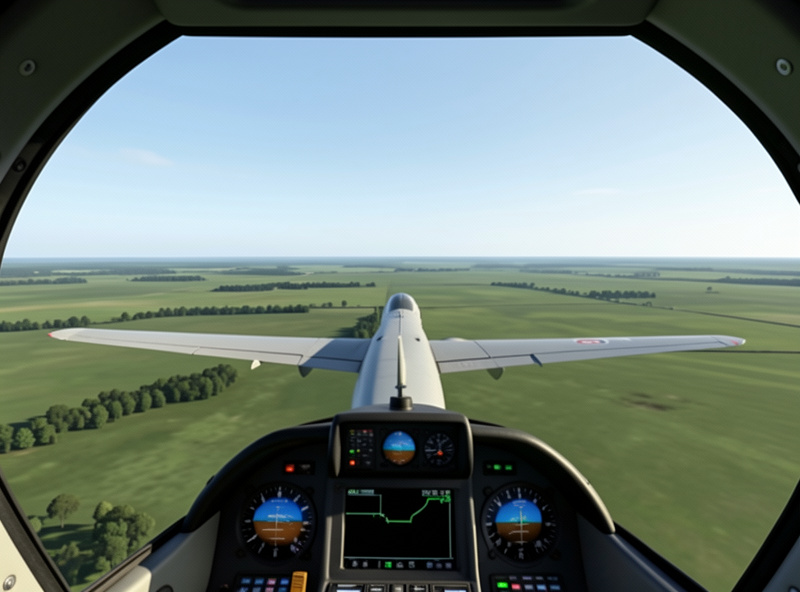 VR flight sim cockpit view of straight and level flight over calm scenery
