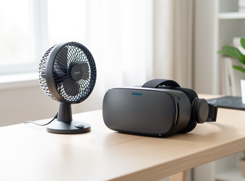 A small fan beside a VR headset on a flight sim desk, a common comfort aid for adaptation