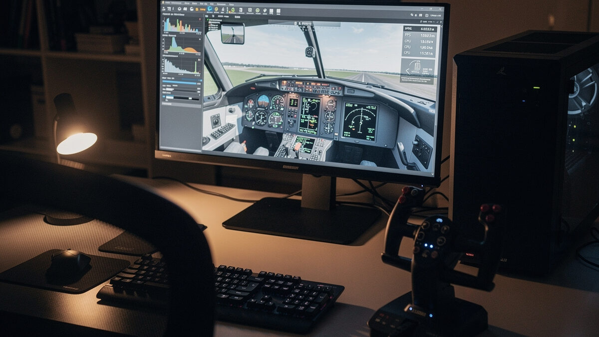 Desktop PC running a flight simulator with an on-screen frame-time performance overlay