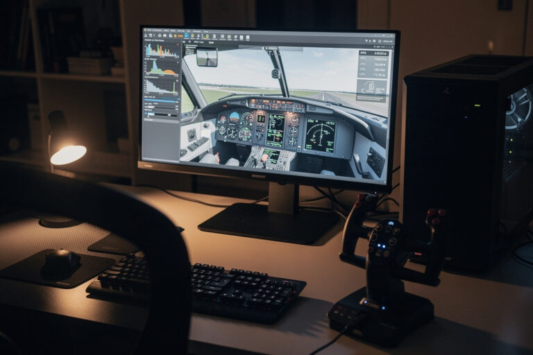 Desktop PC running a flight simulator with an on-screen frame-time performance overlay