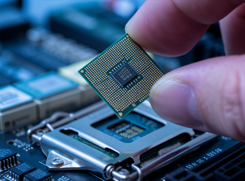 CPU processor held above a motherboard socket with RAM modules in the background