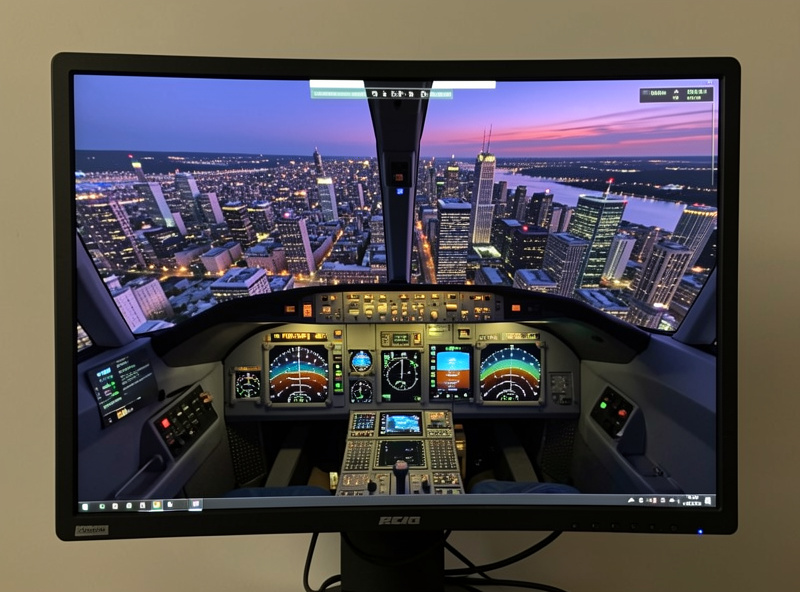 Flight simulator monitor showing an airliner glass cockpit on approach to a dense city at dusk