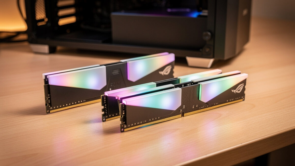 Two DDR5 RAM kits of different capacity laid out beside an open PC case