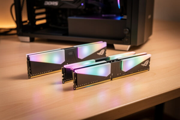 Two DDR5 RAM kits of different capacity laid out beside an open PC case