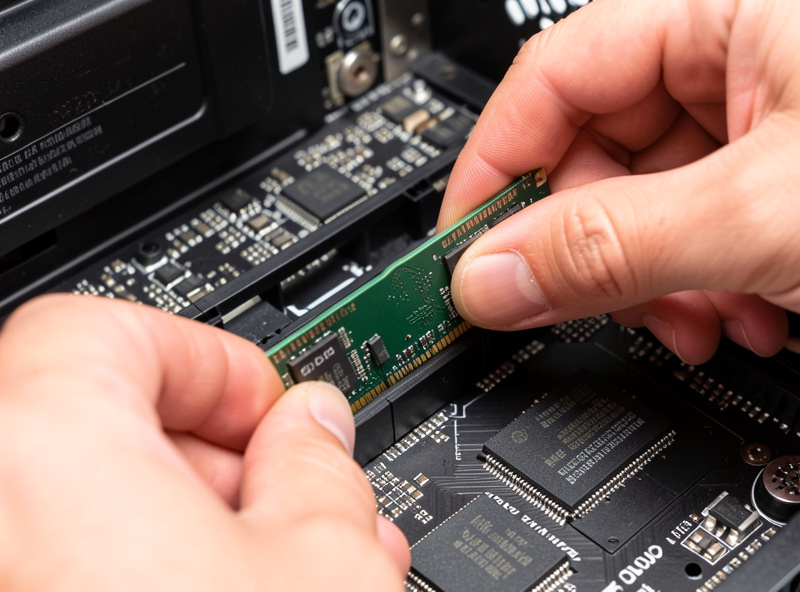 Hands installing a DDR5 RAM module into a motherboard memory slot